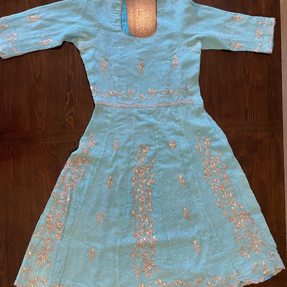 3pc Pink & Blue Indian Anarkali Suit With Salwaar - Picture 13 of 15